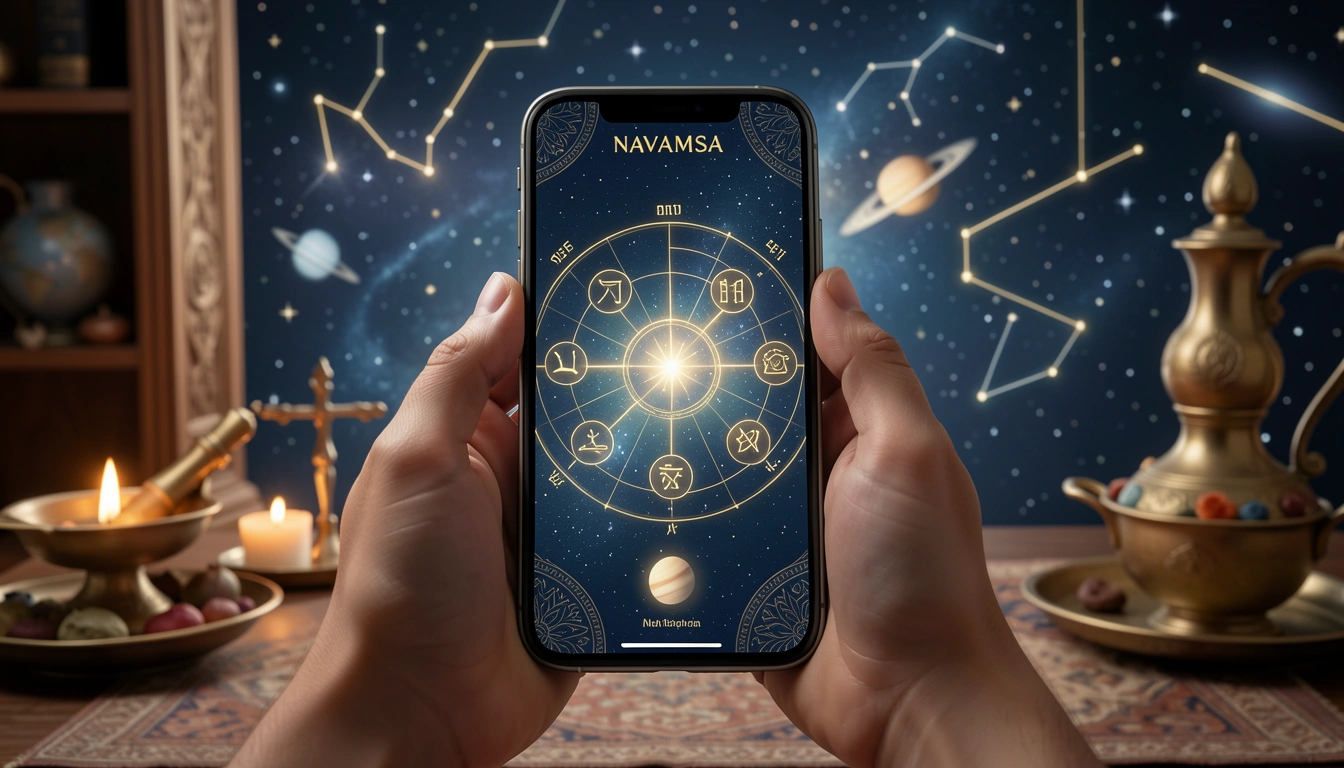Digital Navamsa chart displayed on a smartphone screen