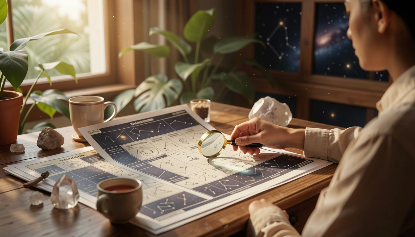 Person studying a Navamsa chart with a magnifying glass