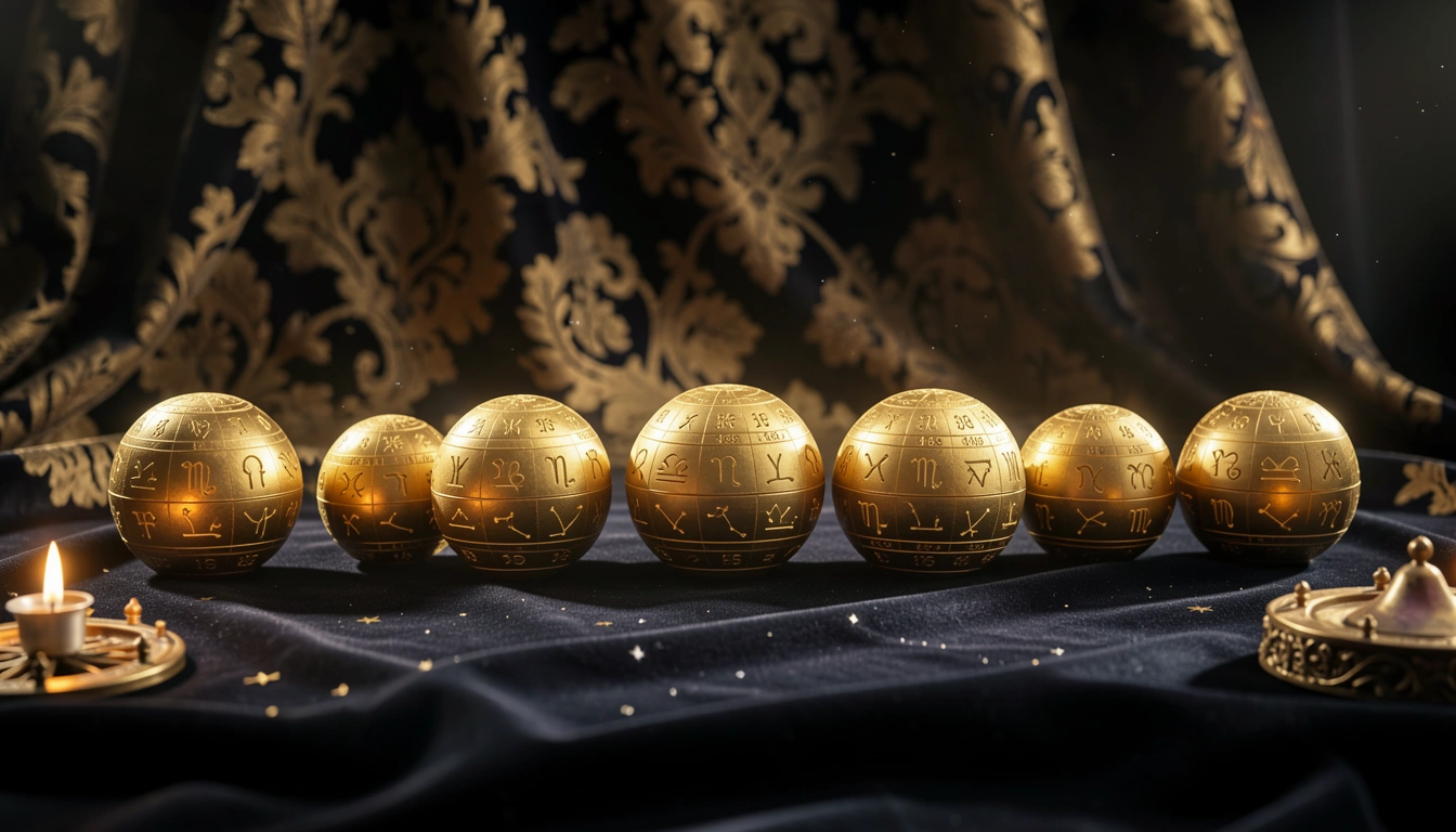 Nine golden planets with zodiac symbols on velvet