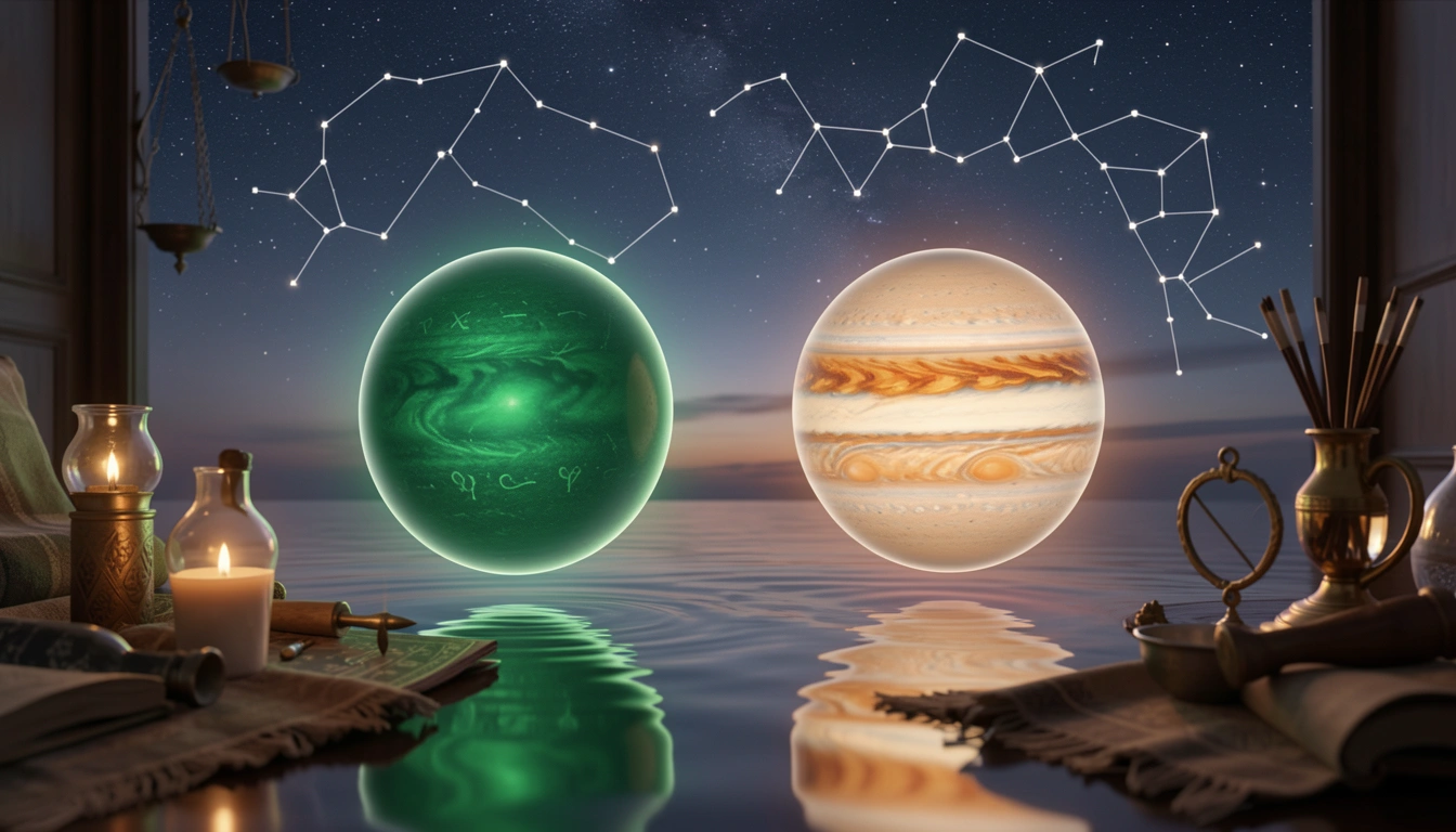 Green and golden orbs representing Venus and Jupiter over an ocean