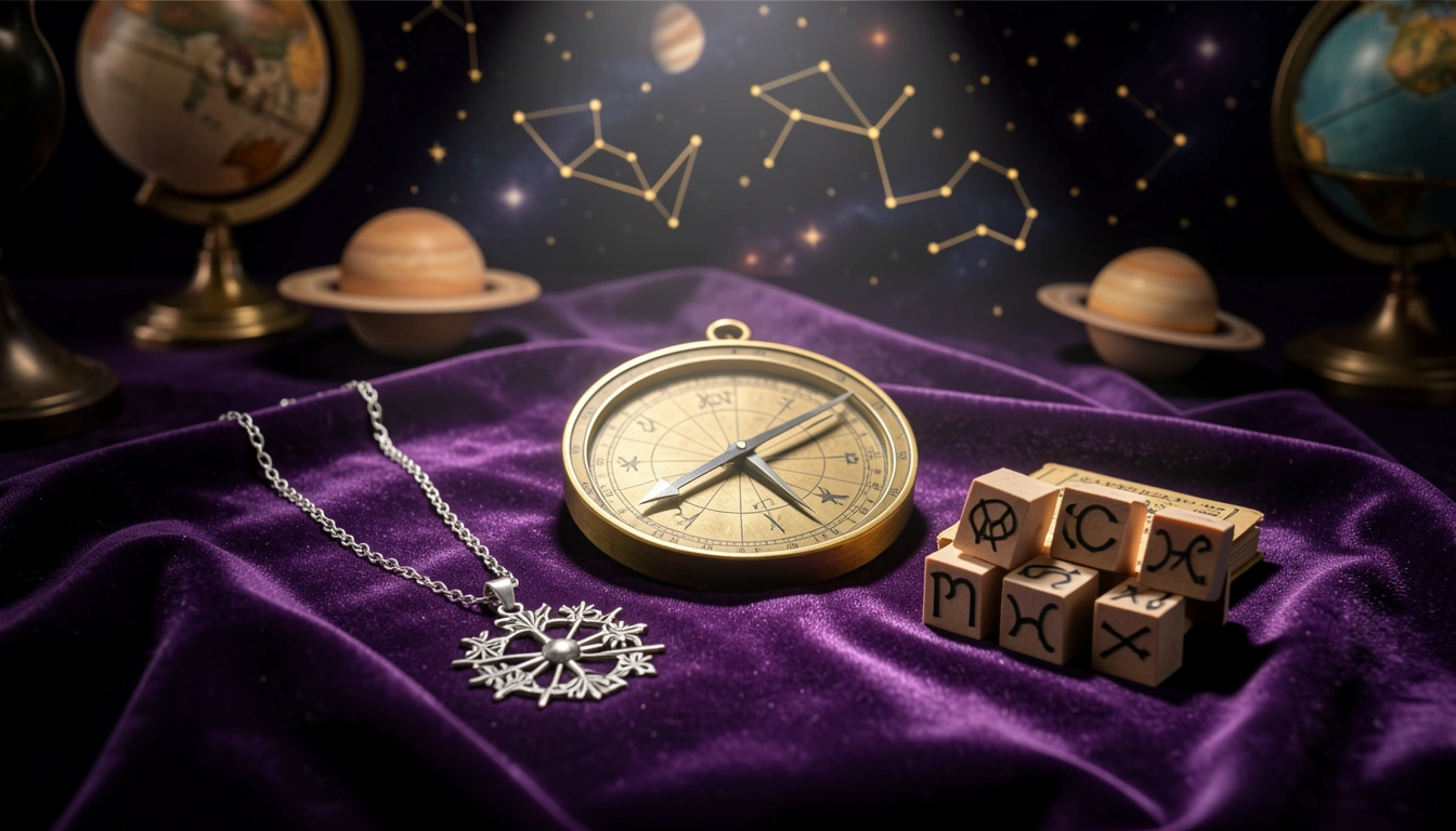 Astrology accessories including a zodiac necklace, planisphere, and ephemeris.