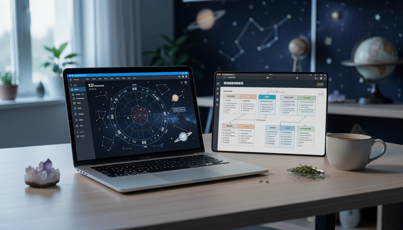 Trending astrology products including a BaZi chart and composite relationship chart on a laptop.