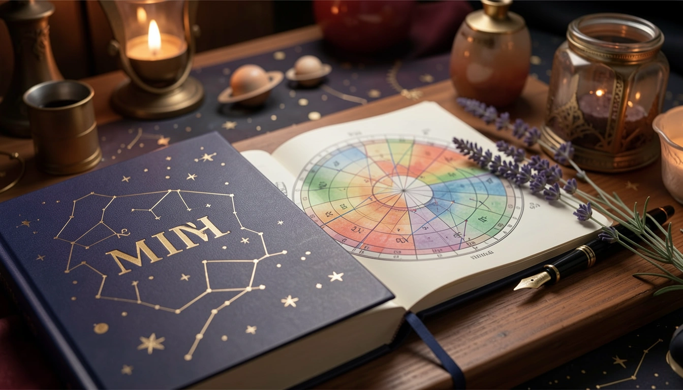 Personalized astrology products including a birth chart book with embossed name.
