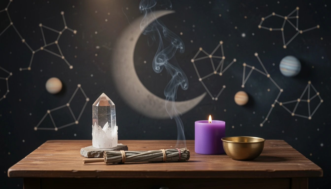 Spiritual products including crystals, sage, and a candle on an altar.