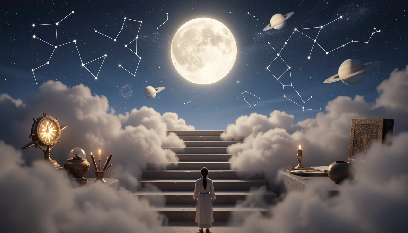 Cloud staircase leading to glowing Full Moon, small figure at bottom looking up