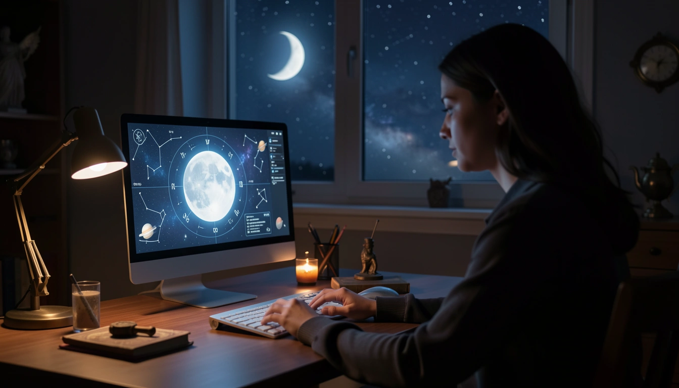 Person viewing progressed moon chart on computer screen, night sky with crescent moon through window