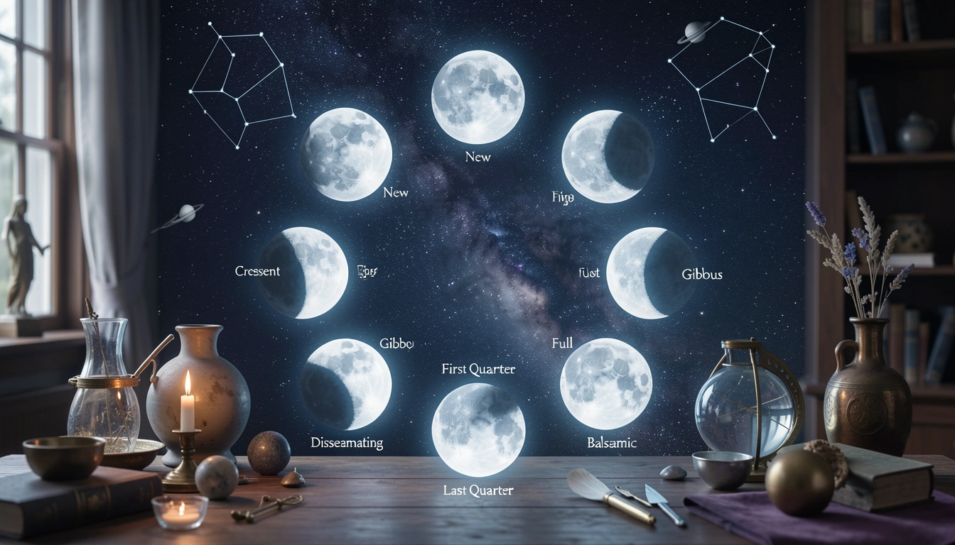 Eight Moon phases arranged in a circle against a starry night sky, labeled with phase names