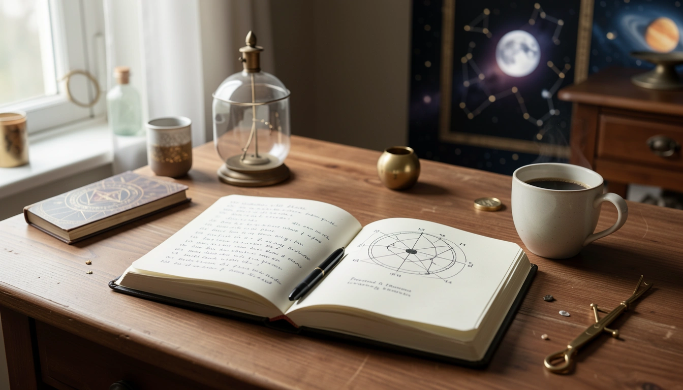 Open journal with astrology notes and progressed moon cycle diagram on a wooden desk