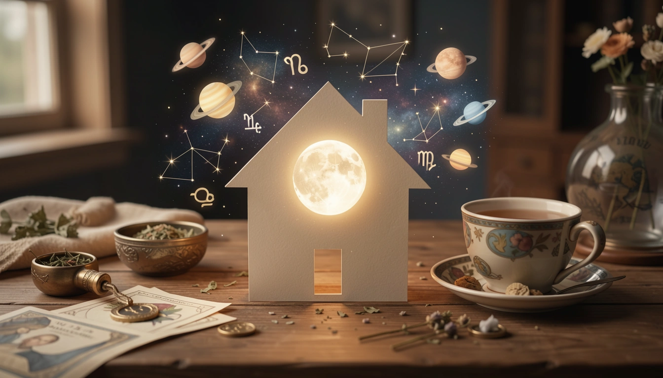 Paper house cutout with zodiac symbols and glowing Moon inside, on a wooden table with tea