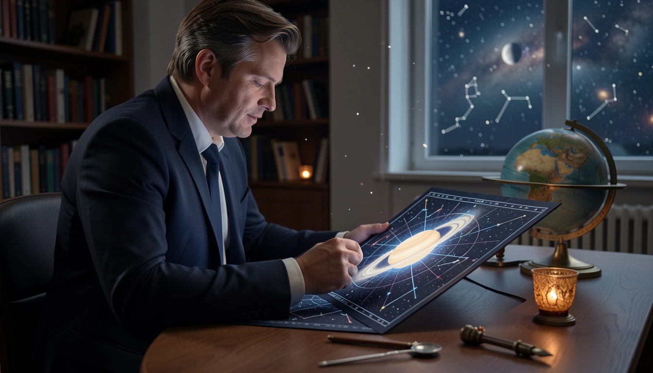 Person in office looking at star map with Saturn symbol