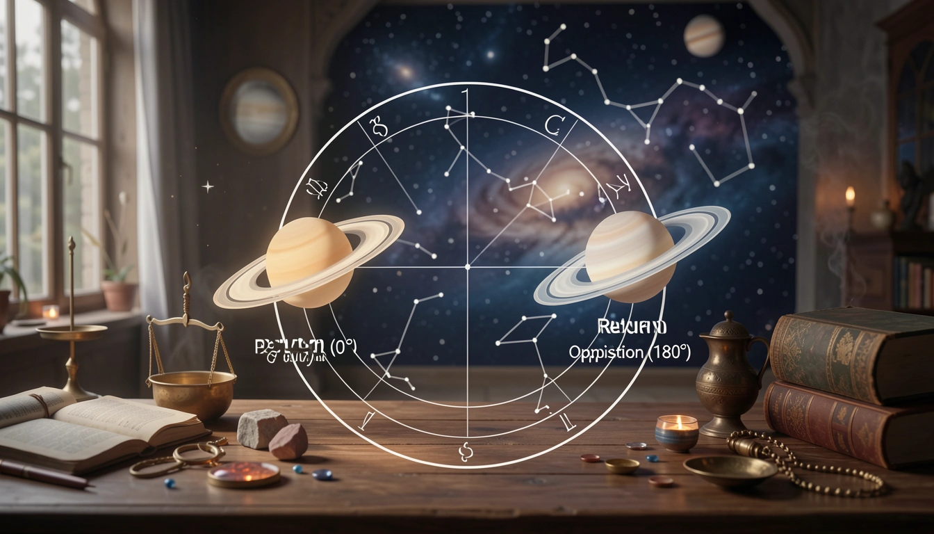 Diagram comparing Saturn Return (0°) and Saturn Opposition (180°)