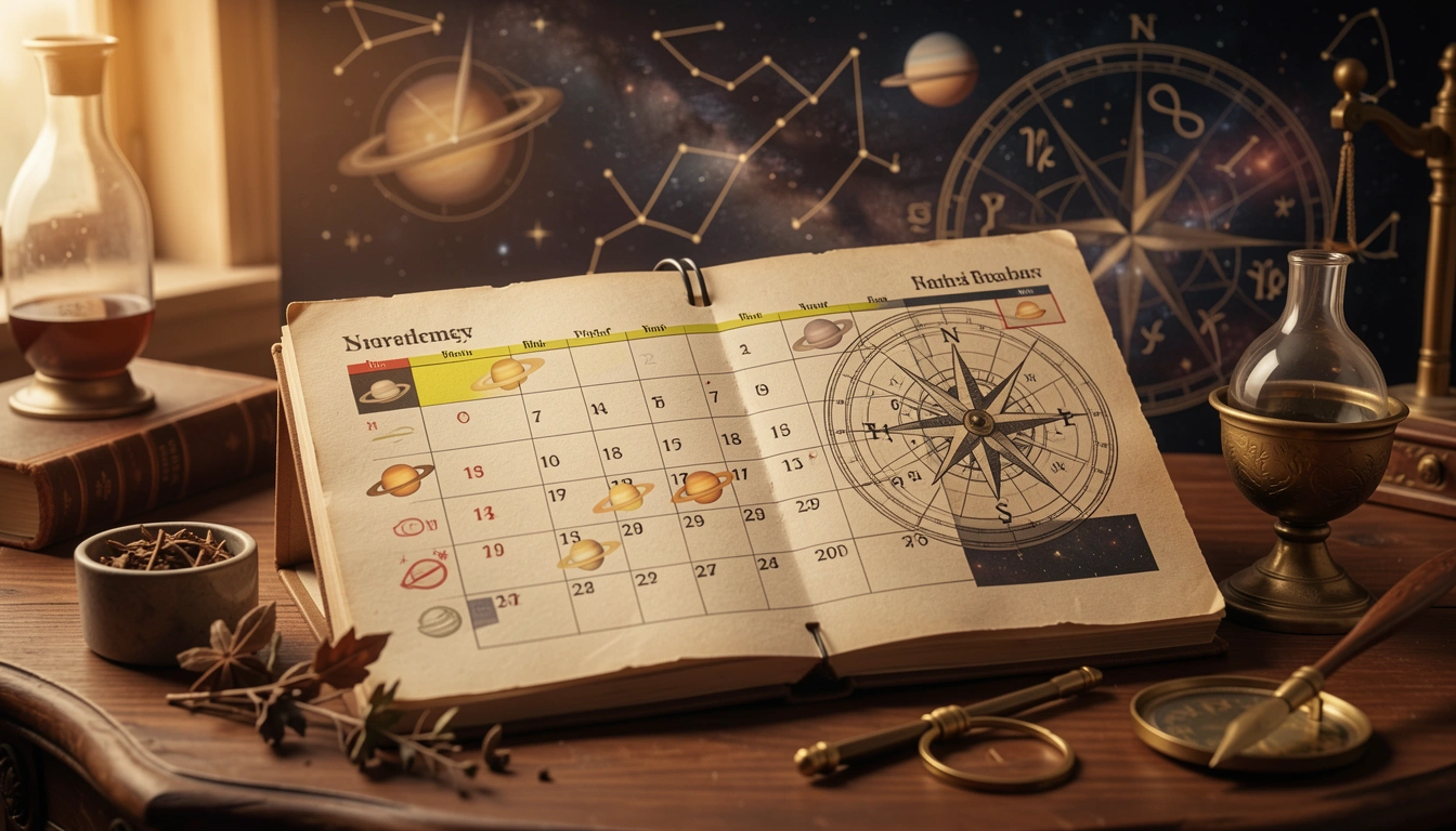Calendar with highlighted Saturn Return dates and astrological symbols