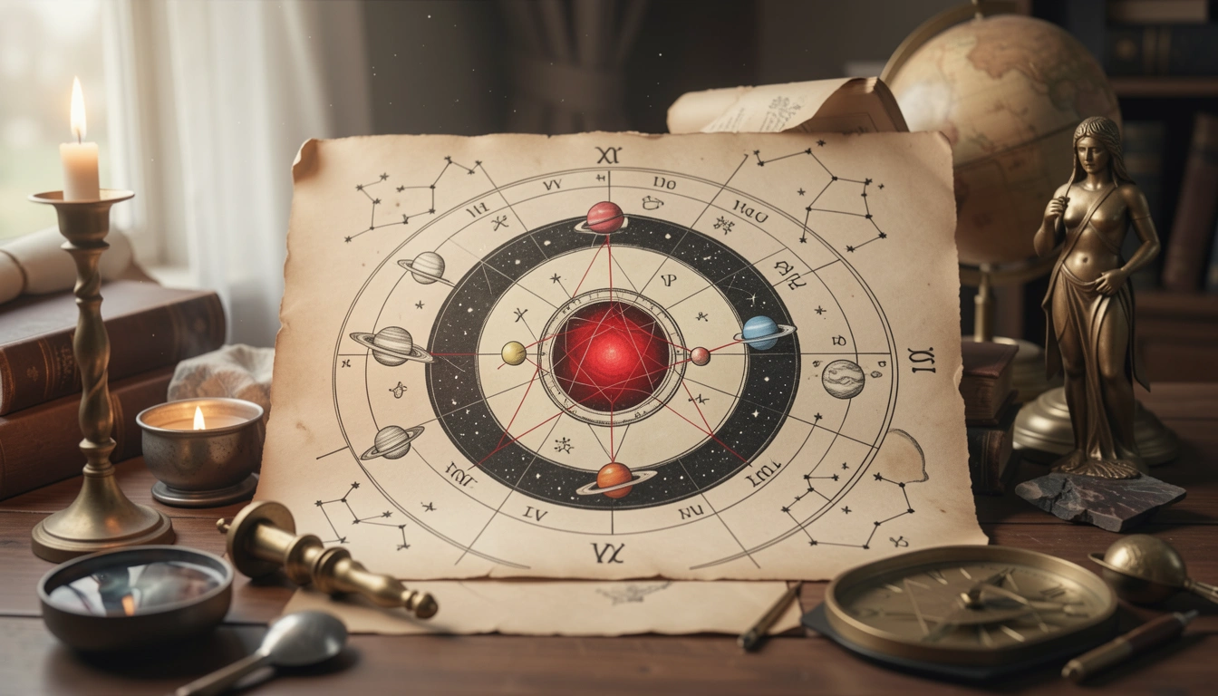 Astrological chart wheel with Saturn highlighted and aspect lines