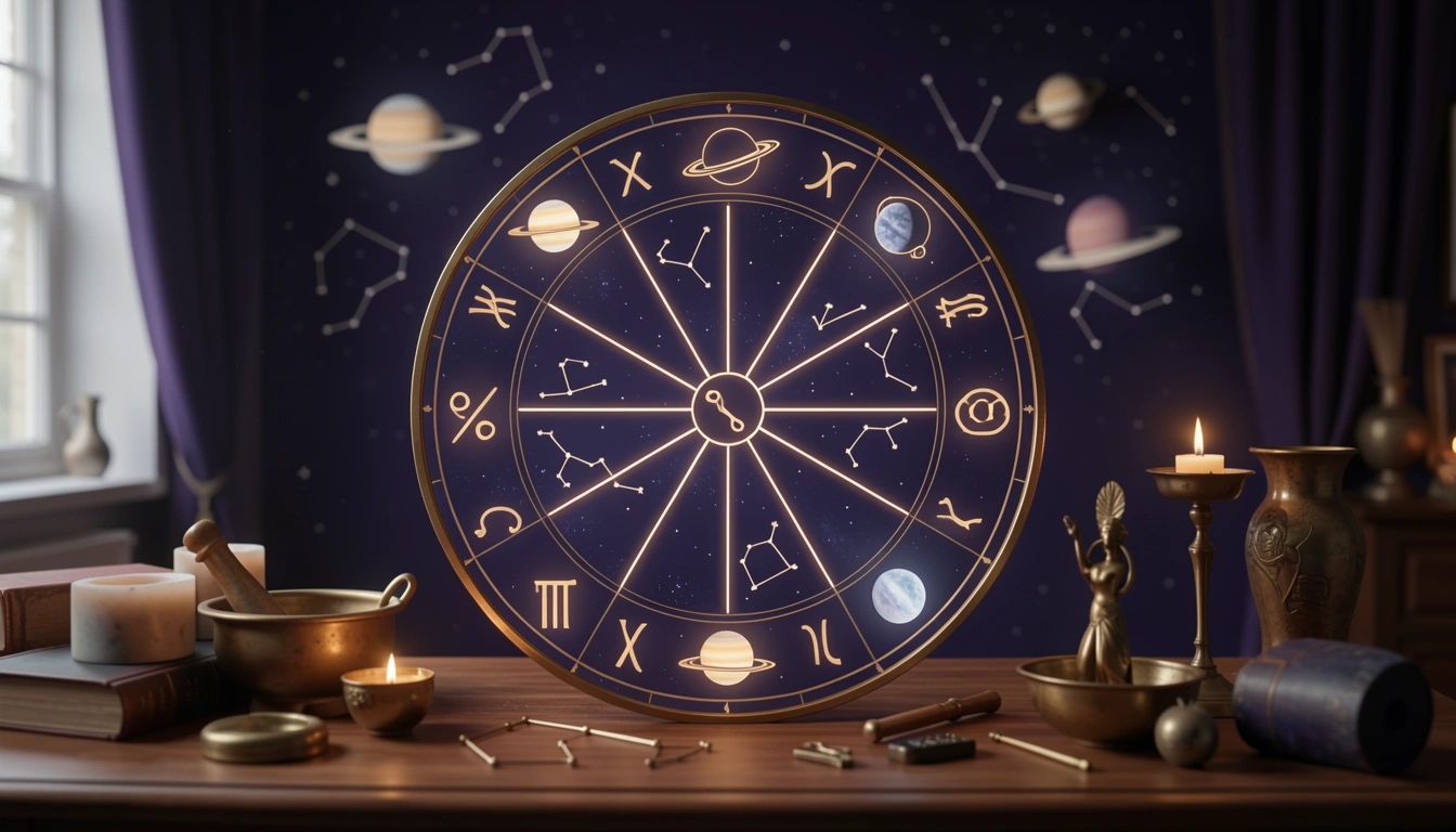 Zodiac wheel with Saturn symbols at each sign