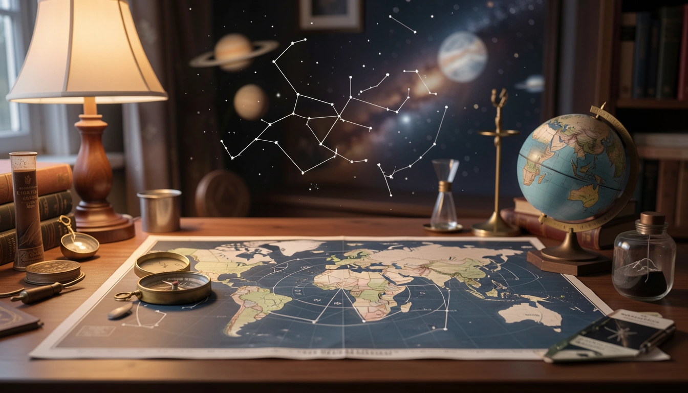 World map with solar return chart overlay and compass