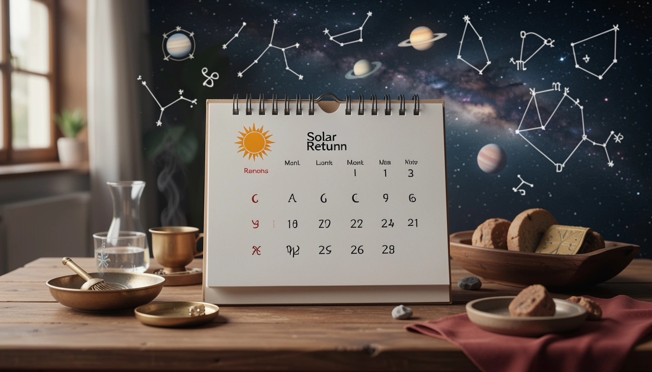 Calendar with sun and moon icons symbolizing solar and lunar returns
