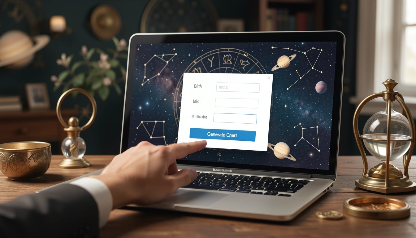 Hand clicking generate chart on laptop with astrology calculator