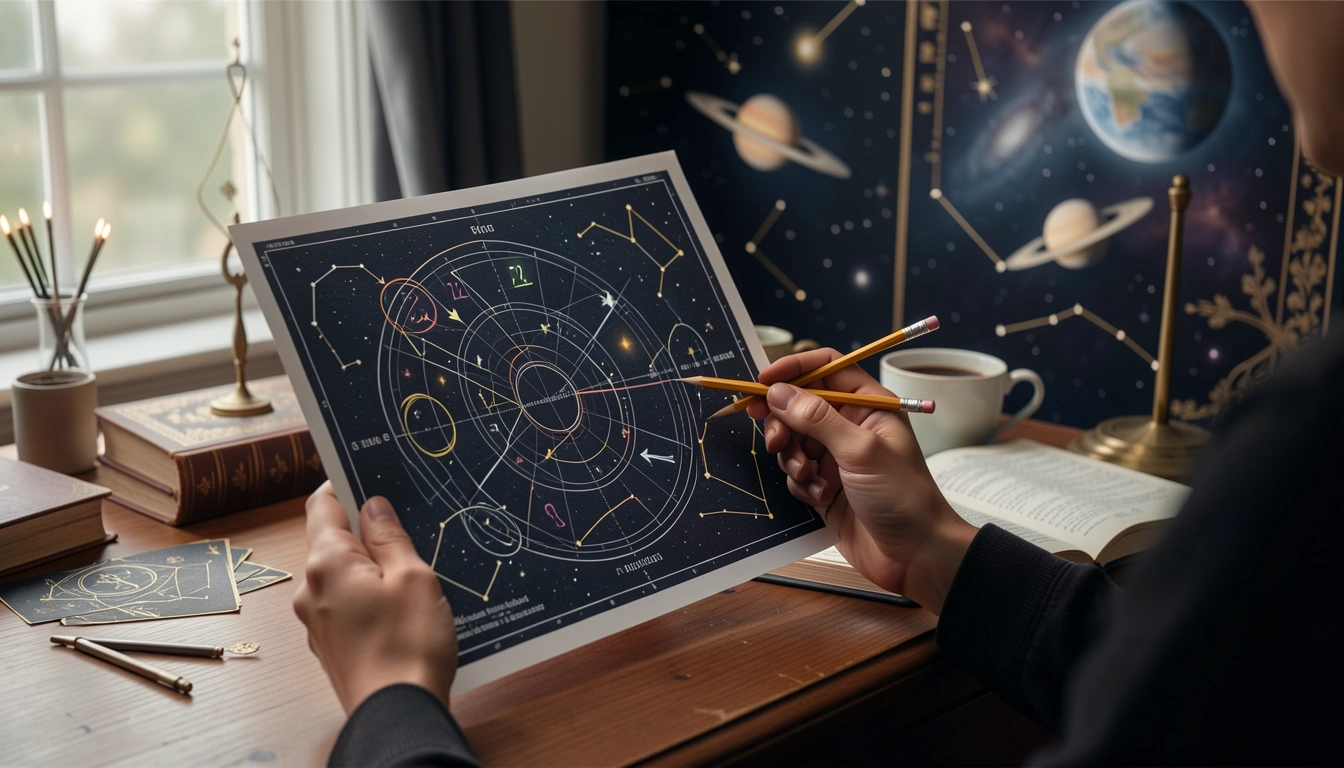 Person analyzing a printed solar return chart with notes