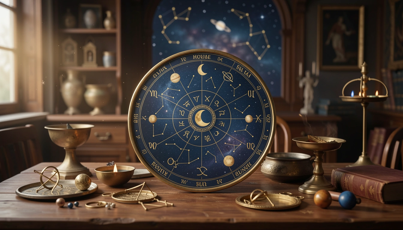 Astrological chart wheel with Sun, Moon and planets