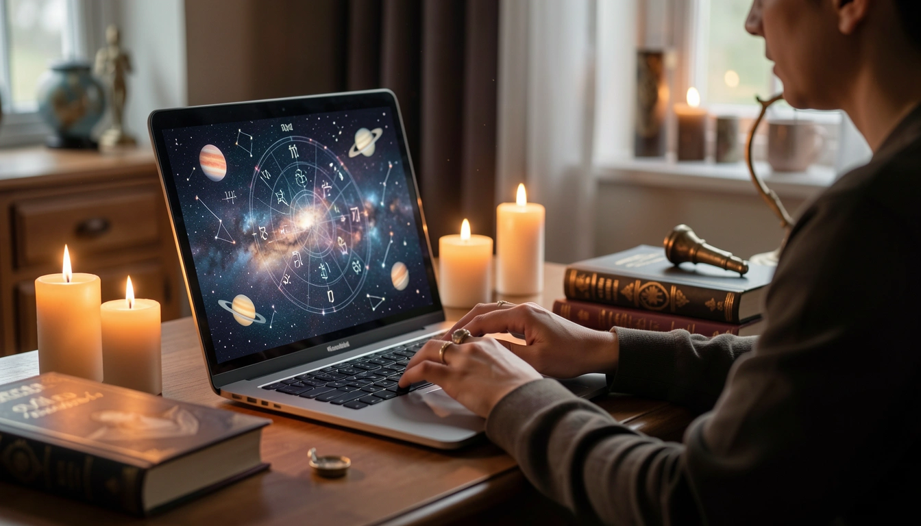 Person using laptop to generate synastry chart with candles and books