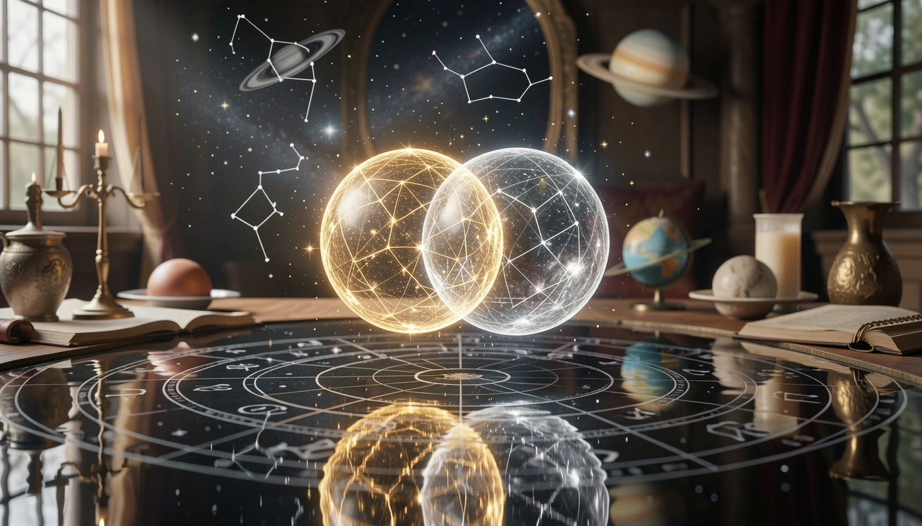 Golden and silver orbs representing relationship dynamics in synastry