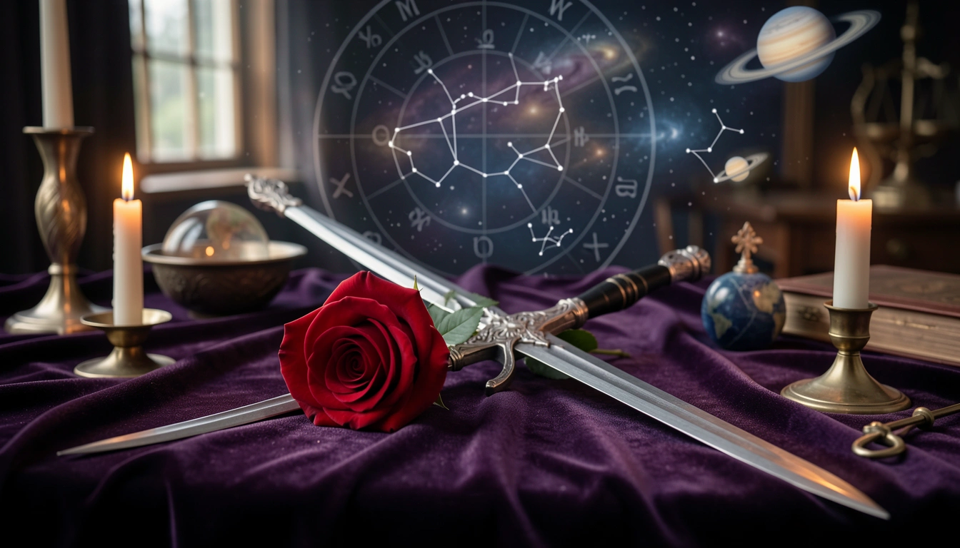 Rose and sword crossed symbolizing Venus and Mars in synastry
