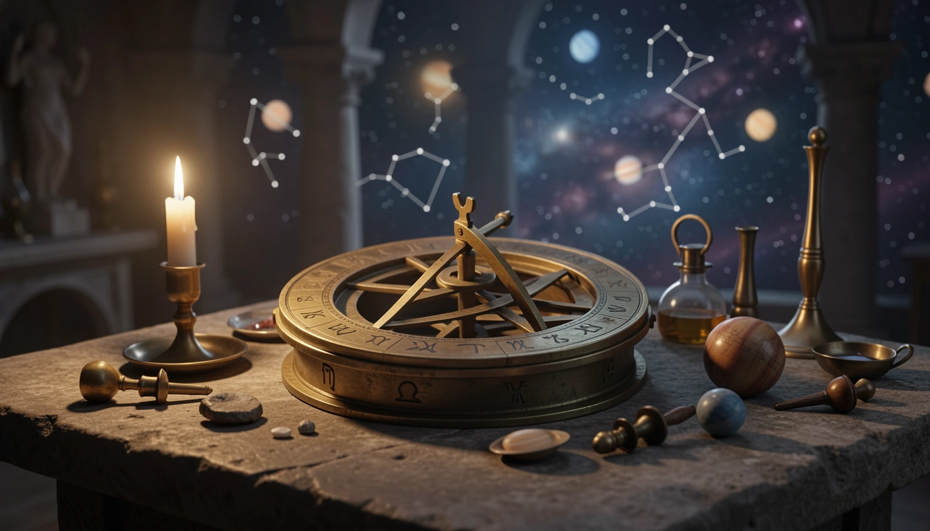 Old astrolabe with zodiac engravings in candlelight representing synastry aspects