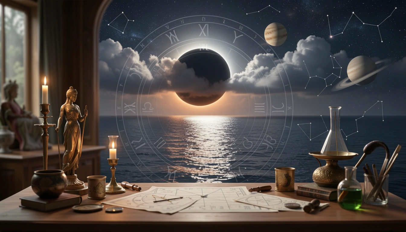 Solar eclipse over ocean with zodiac wheel overlay
