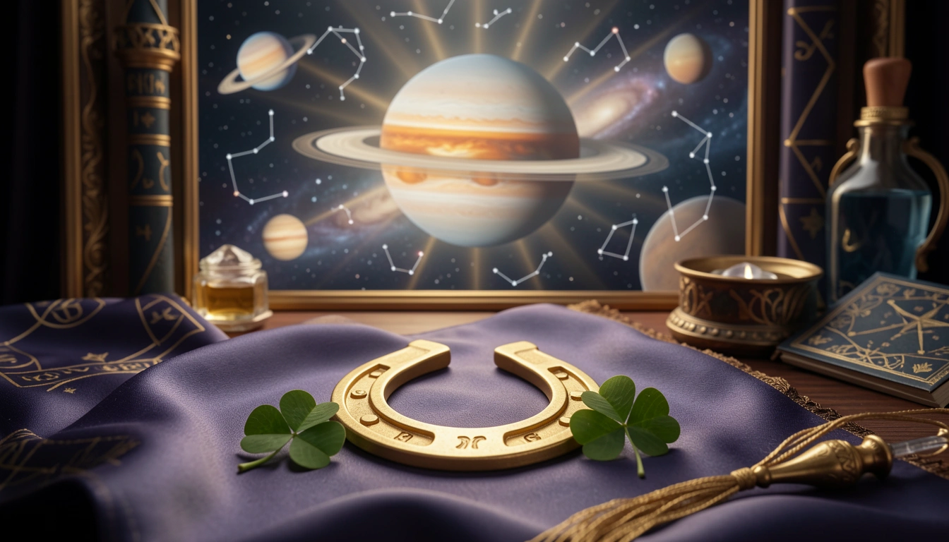 Golden horseshoe and four-leaf clover with Jupiter in background