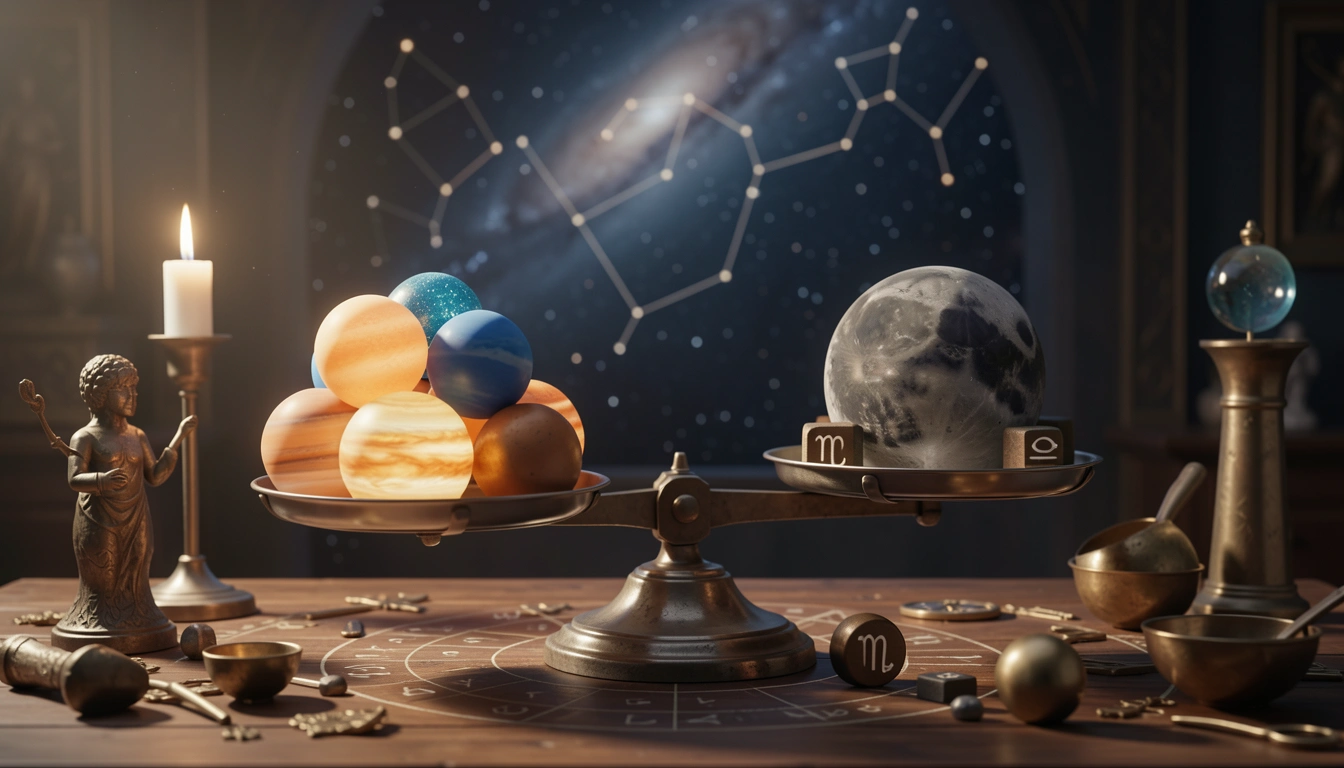 Scale weighing a cluster of planets against a single planet, representing stellium strength assessment.