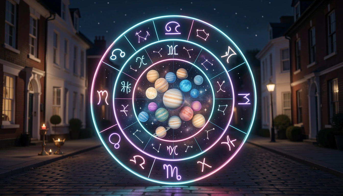 Zodiac wheel with a glowing planet cluster in one house, demonstrating a house-based stellium.