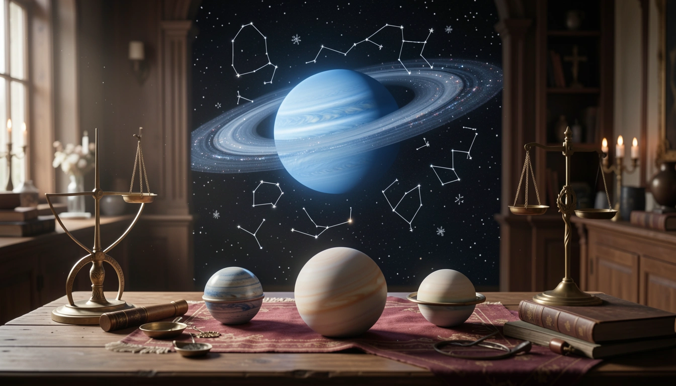 Outer planet in the distance behind a cluster of personal planets, illustrating inclusion in a stellium.