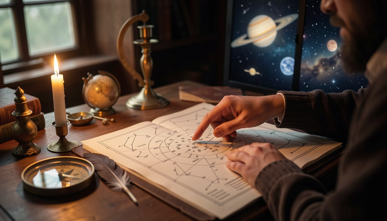 Person analyzing a birth chart with a planet cluster highlighted, showing how to identify a stellium.