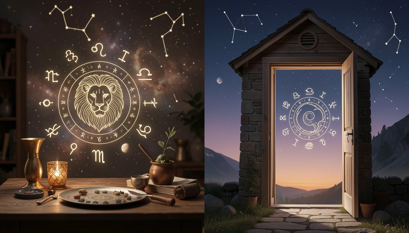 Split visual of a zodiac sign and a house doorway with planet symbols, illustrating sign vs. house meaning.