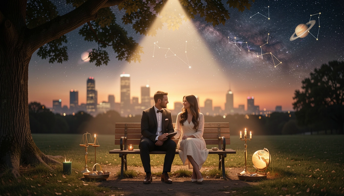 Couple on bench with triangle of light symbolizing grand trine in love and career