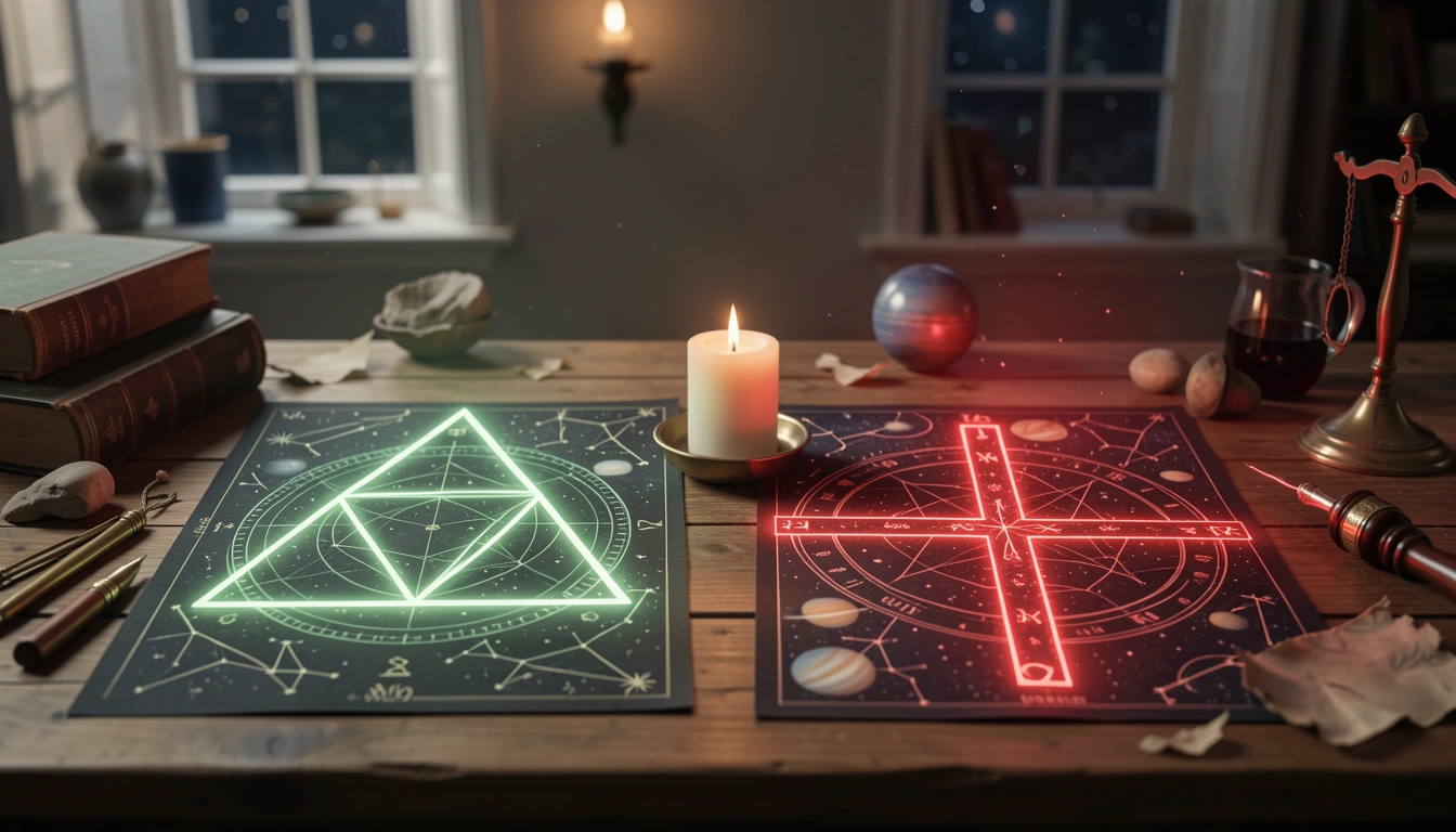 Two birth charts side by side showing a grand trine triangle and a grand cross cross pattern