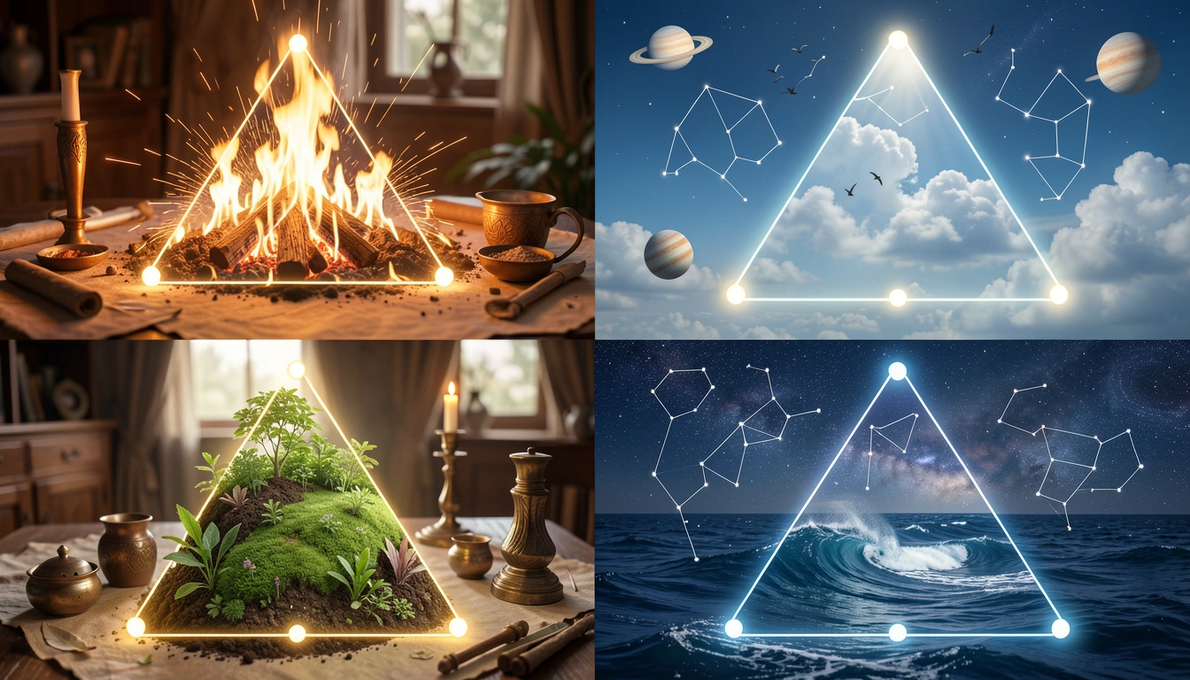 Four element triangles representing fire, earth, air, and water grand trines
