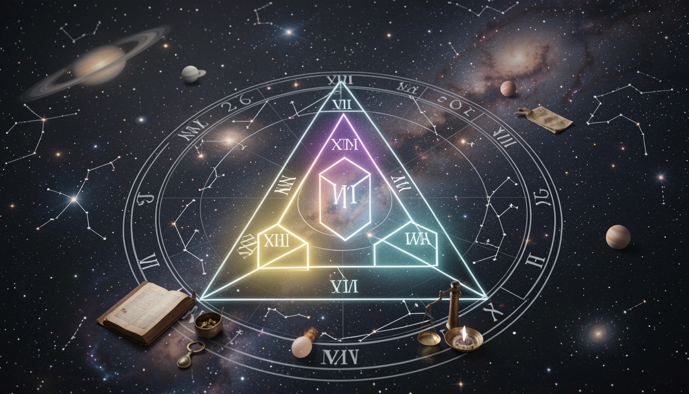 Birth chart houses highlighted with a triangle connecting three houses representing grand trine placement