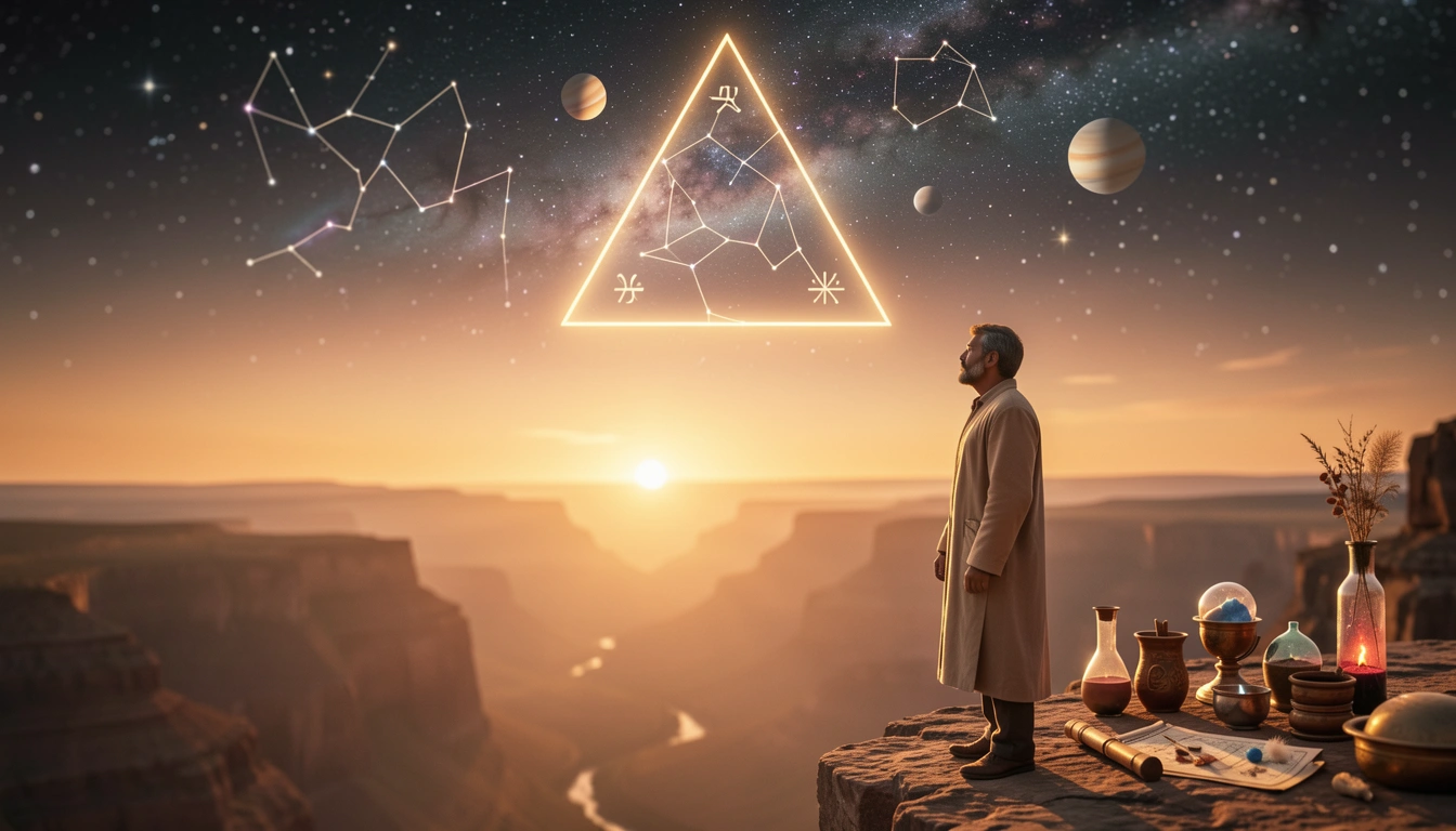 Person on a cliff with a glowing triangle in the sky representing the power of a grand trine
