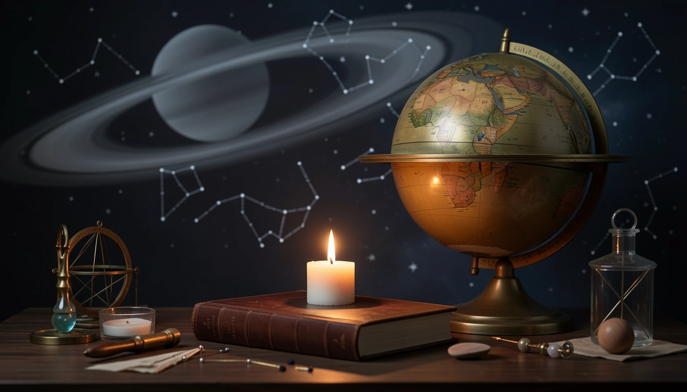 Dark study with brass globe and candlelight, faint Saturn rings on the wall