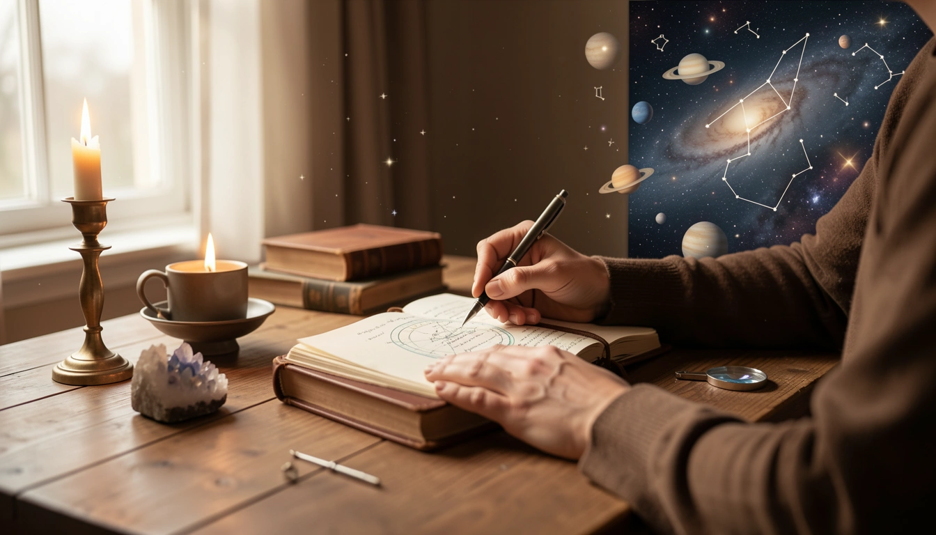 Person writing in a leather journal with candle and crystal on a desk