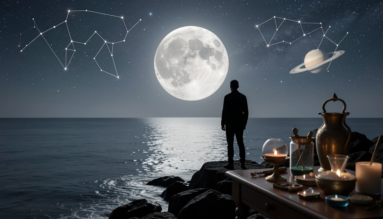 Full moon rising over a calm ocean with a lone figure on the shore