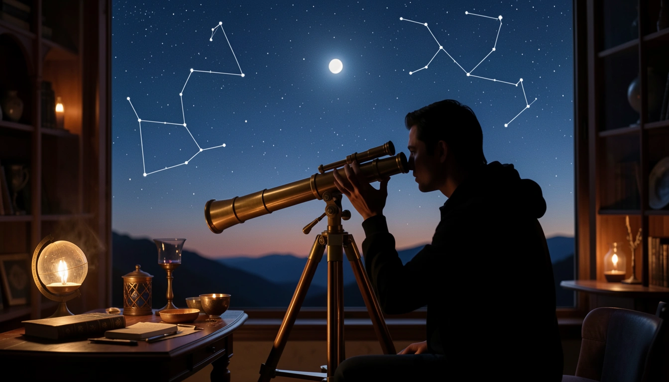 Brass telescope aimed at Venus in the twilight sky