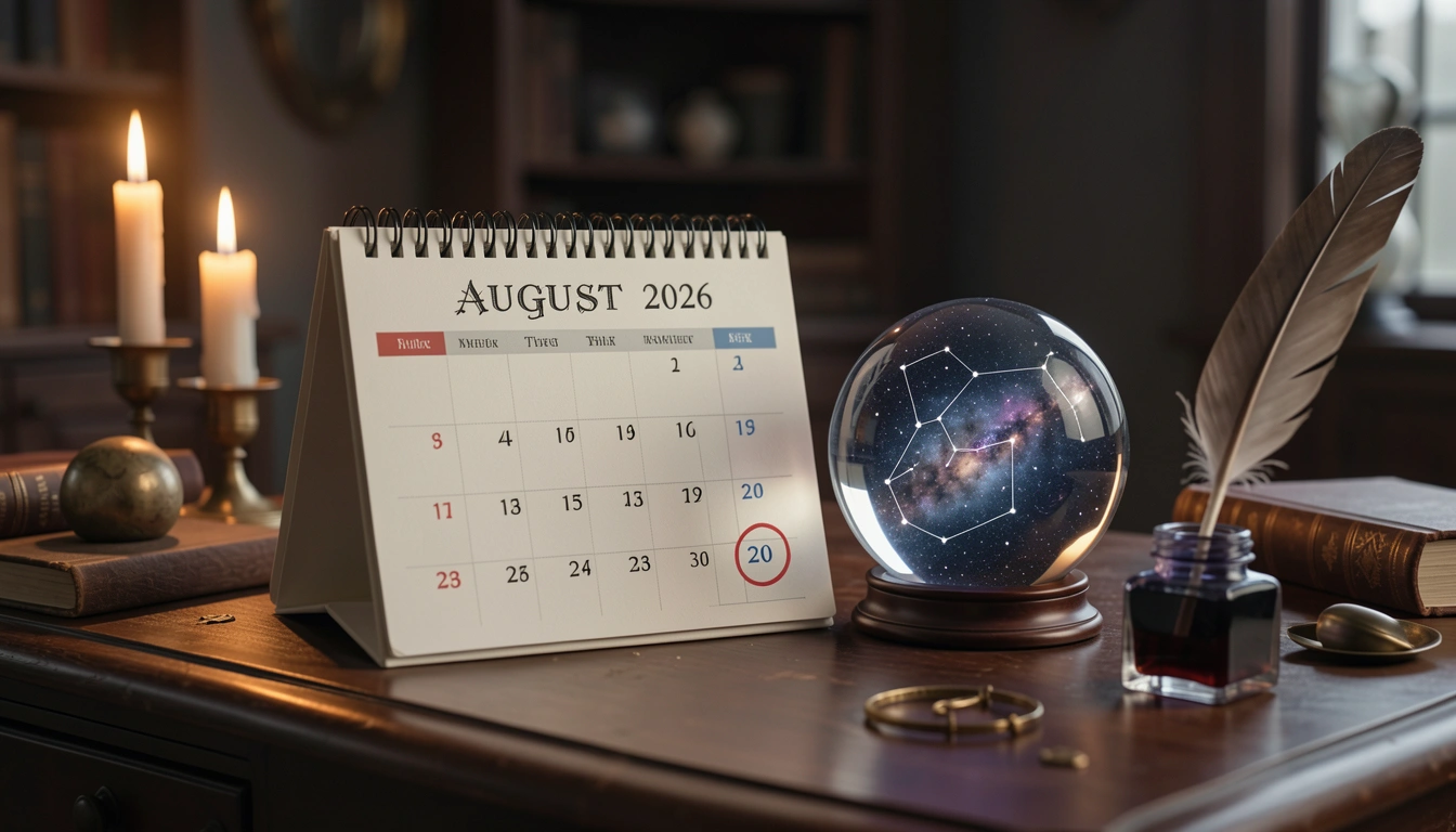 August 2026 calendar page with circled 20th, crystal ball reflecting stars, quill pen and inkwell