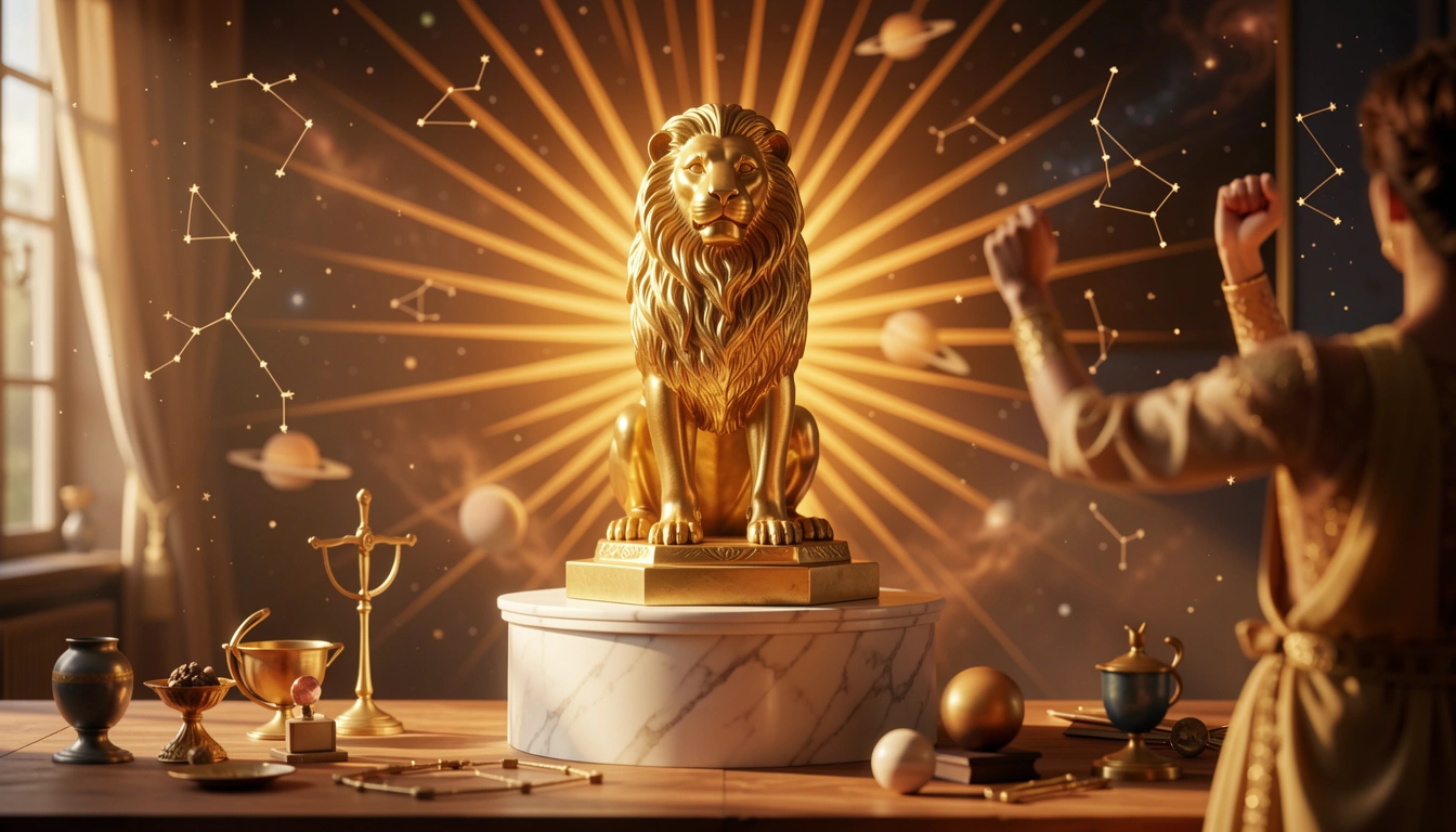 Golden lion statue in sunlight, person raising arms in triumph, warm amber tones