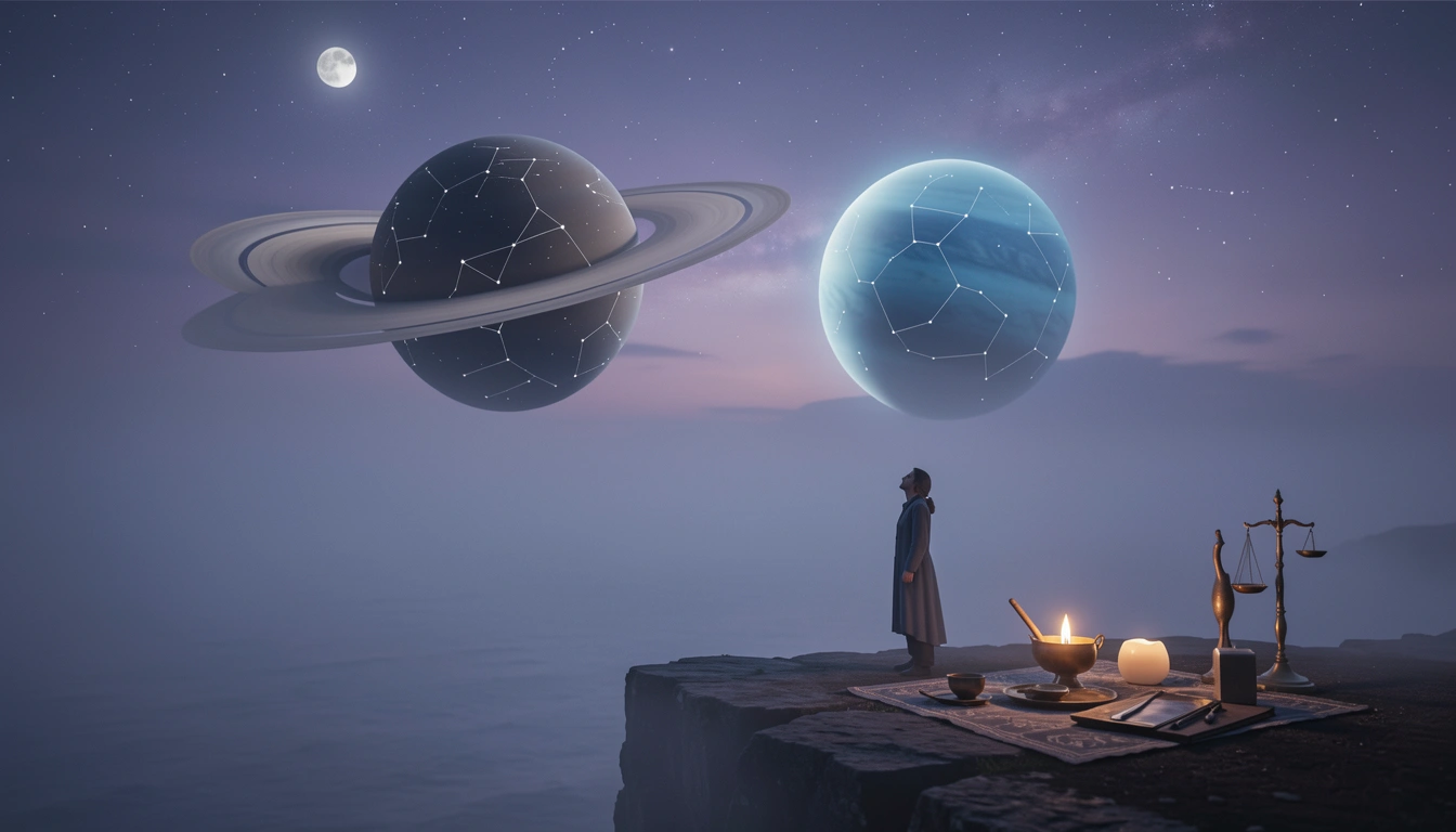 Foggy ocean at twilight with Saturn and Neptune spheres above a cliff, lone figure watching