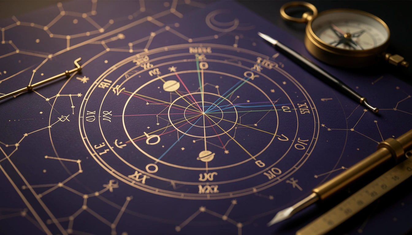 Golden natal chart wheel with planetary symbols on a deep indigo background with brass instruments