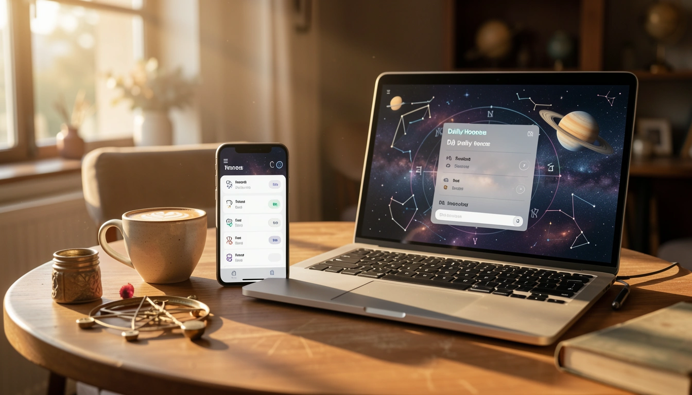 Smartphone and laptop displaying a daily horoscope widget on a sunlit cafe table