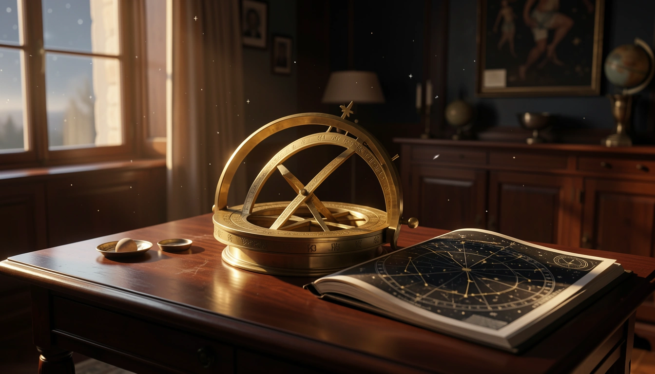 Brass astrolabe and star chart on polished wood in golden side light