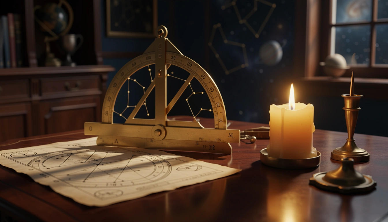 Brass quadrant and candlelight over antique star charts